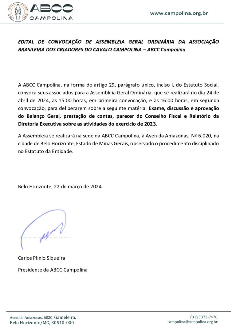 Edital de Convocação de Assembleia Geral Extraordinária da Associação Brasileira dos Criadores do Cavalo Campolina – 24/04/24
