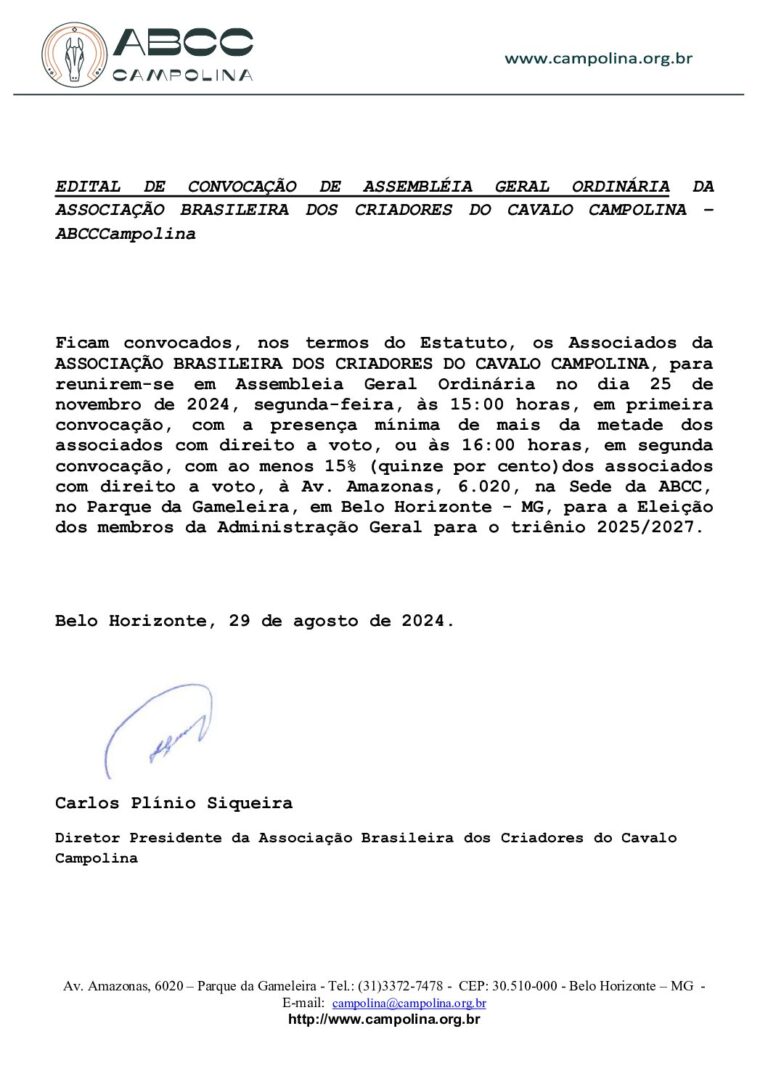 Edital de Convocação de Assembleia Geral Extraordinária da Associação Brasileira dos Criadores do Cavalo Campolina – 02/09/24